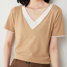 더시럽 여성용 페이크 레이어드 기본 V넥 반팔 티셔츠