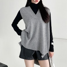 針織女款寬鬆版羊毛側開衩不對稱針織長版奇蹟背心