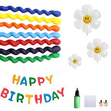 MINITTINE 螺旋造型魔術氣球 1.8g x 100p + 微笑花朵3件組 + 不織布Happy Birthday掛旗 + 打氣筒套裝, 混合色(氣球), 隨機出貨(打氣筒), 1套