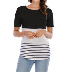 條紋蕾絲短袖哺乳上衣
