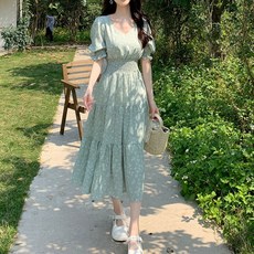 PEONIST V領碎花仙女長洋裝, 綠色