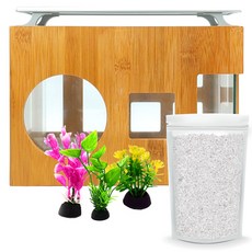 Aquatera 木質魚缸 AMZW30+魚缸裝飾仿真植物 3入+造景石 1kg+LED燈組, 白沙（地材），隨機發貨（水草）