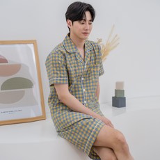 A-ONE 男士細格紋短袖睡衣上下套裝