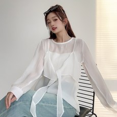 더시럽 여성용 시스루 페이크 투피스 리본 블라우스