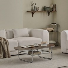 FURNICO 橢圓 雙層 強化玻璃 客廳 沙發茶几 1200, 胡桃木色