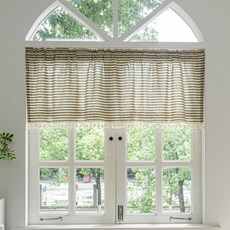 韓國 GNY 條紋流蘇小窗遮蔽短簾, 卡其色