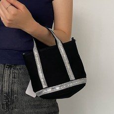 方塊水鑽亮片迷你包 斜背包 托特包, 黑色