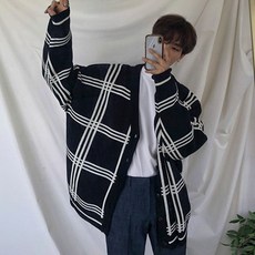 JTL 男士百搭深V領格紋寬鬆針織開襟衫