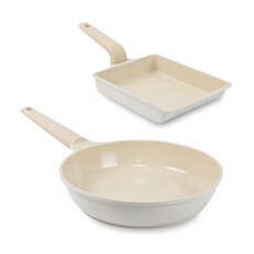 LaCena 電磁爐適用Cream系列鍋具 2入組, 奶油白色, 方形平底鍋+平底鍋28cm