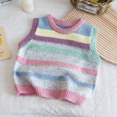 Uvely 兒童彩虹年糕粉彩條紋無袖層次感針織背心