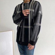 帥氣男士Oversize馬德拉斯格紋圖案針織開襟衫