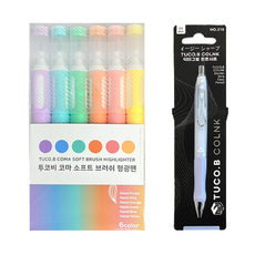 TUCO.B KOMA 軟刷頭螢光筆 6色組 + Dr. Grip 舒適自動鉛筆套組, 粉彩紫, 粉彩藍, 粉彩綠, 粉彩橘, 粉彩粉, 粉彩黃(螢光筆), 天空藍(自動鉛筆), 1套