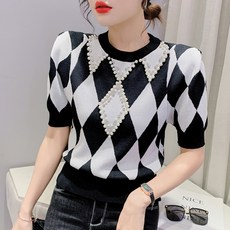 LUNAGIRL 女款菱形短袖針織T恤