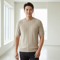INFIOUS 男士圓領線條夏季短袖針織衫 I263-0202