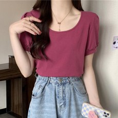 레몬소울 여성용 푸티 퍼프소매 라운드넥 반팔 티셔츠