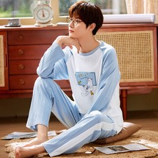 자나바 커플용 몬트냥이 나그랑 배색 라운드넥 긴팔 홈웨어 잠옷 세트 264171