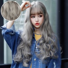Hi-yuni 齊瀏海長捲髮整頂假髮70cm+髮網+假髮支架, 煙灰色(假髮), 隨機出貨(支架), 1個