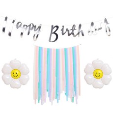 joyparty 派對拉條 + 書法字體生日掛旗 + 小號雛菊氣球 2p + 10m捲邊緞帶 組合, 1套, 粉嫩色系(派對拉條), 銀色(掛旗)