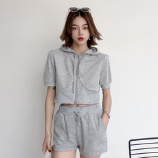 더시럽 여성용 스포티 크롭 퍼프 반바지 후드 투피스 세트 빅사이즈 포함