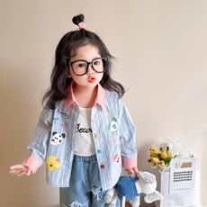 Starbean 女童快樂狗條紋長袖襯衫