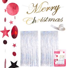 PARTYSHOW 聖誕派對窗簾雷射銀色 2入 + 月亮與星星派對金屬紅色 + 花體字金色 + 點膠 套組, 1套, 混合色
