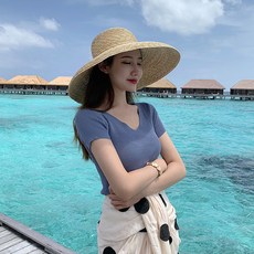 몬드스팟 여성용 브이넥 골지 착붙 반팔 니트 티셔츠 JN168