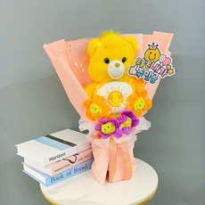 러블리팜 조화 케어베어 중형인형 꽃다발 + 레터링토퍼 + LED조명 세트, 케어베어 중형인형 꽃다발+레터링토퍼+LED조명 세트, 펀샤인베어_옐로우, 펀샤인베어 옐로우(중형인형), 랜덤발송(스마일 인형), 1세트