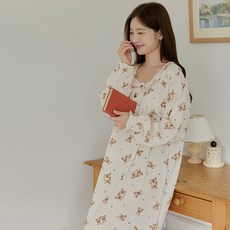 찌니야 여성용 통기성 몽글곰 40수 순면 긴팔원피스잠옷 7274