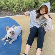 寵物狗親子衣服組-向日葵圖連帽T恤, 灰色