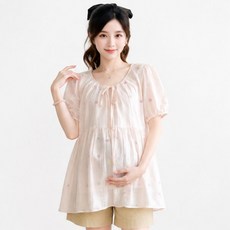 아이캔심플 코튼블러썸 플레어 셔링 반팔 임부복 블라우스