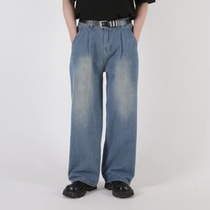 韓國 UMM 男款單褶設計寬版半鬆緊帶大褶皺水洗丹寧褲