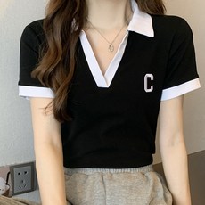 Goodif 女款撞色V領翻領短袖T恤