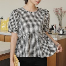 BBAEBBAE 女款格紋抓皺泡泡袖短袖上衣