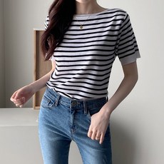 제니트 여성용 로노웨보트넥 스트라이프 반팔 니트티 n1482