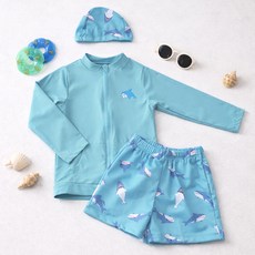 우주아이 아동용 블루샤크 래쉬가드 상하의 + 수영모 세트