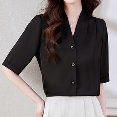 Queenis 提亮膚色V領鈕扣雪紡衫