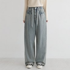 BBAEBBAE 女性抽繩鬆緊腰帶長版寬管牛仔褲