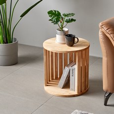 착한목수 원목 원형 그리드협탁 고무나무 1단