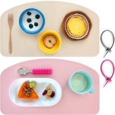 Myelly 矽膠幼兒用餐墊 2入 + 收納用綁帶隨機出貨 2入組, Pink + Beige, 385 x 215 x 2.2mm, 1個