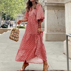 패션나비 퍼프소매 셔링 포인트 기하학 패턴 임산부 빅사이즈 롱 원피스