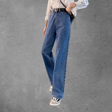 구디프 여성용 스톤워싱 일자핏 슬림한 와이드 데님 팬츠