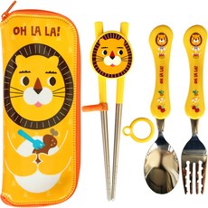 Anifarm 不銹鋼筷子+額外戒指+勺子+叉子+盒子套裝, 獅子款, 不銹鋼筷子+學習環+湯匙+叉子+餐具盒, 1組