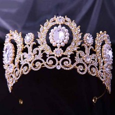 珍珠花朵點綴自助婚紗皇冠 tra017, 金色, 1個