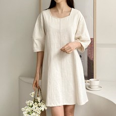 럽스 린시 절개 통기성 5부 소매 미니 린넨 원피스