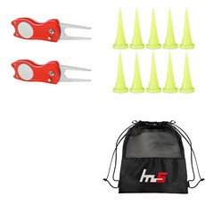 NAYASTYLE 高爾夫果嶺叉修補器 紅色 2入 + HDPE 高爾夫短球梯 螢光色 10入 + 收納袋套組 GFYP-39-1 163-3PU, 混色