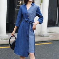 메이첼 언발란스 스트라이프 리본벨트 데님 원피스 00088 빅사이즈 포함