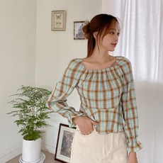 이블렛 빅사이즈 루비유 체크 오프숄더 블라우스