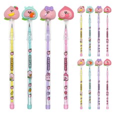 Pinkfoot 桃子造型HB免削鉛筆 4款 各3支組, 黃色+薄荷綠色+紫色+粉色, 1組