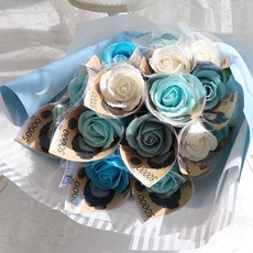 NOBLY 香皂花玫瑰20朵有錢花束 + 留言卡 + 禮物提袋, 藍色, 1個