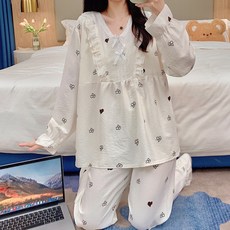 세컨핑크 여성용 더감성 레이스 프릴 캡내장 긴팔 잠옷 상하의 세트 131